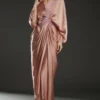 Amit Aggarwal Blush Pink Hammared Satin Draped Kaftan Dress