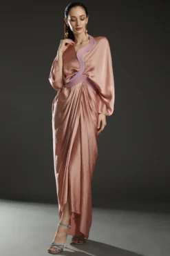 Amit Aggarwal Blush Pink Hammared Satin Draped Kaftan Dress