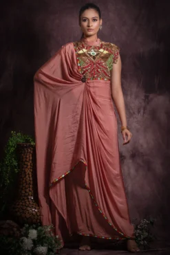 Abstract By Megha Jain Madaan Dusty Pink Flat Chiffon Embroidered Saree Dress