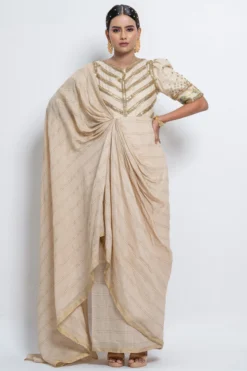 Abstract By Megha Jain Madaan Off-White Embroidered Draped Saree Dress