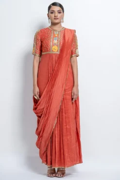Abstract By Megha Jain Madaan Burnt Orange Embroidered Saree Dress
