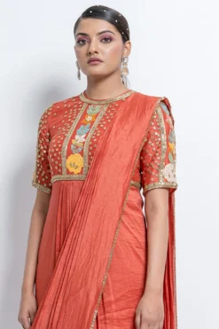 Abstract By Megha Jain Madaan Burnt Orange Embroidered Saree Dress -AOZA Wear Style Shop ABMC092225 3