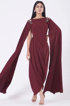 Aakaar Wine Moss Crepe Armour Dress
