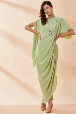 Aakaar Light Green Embroidered Draped Dress