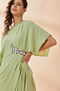 Aakaar Light Green Embroidered Draped Dress -AOZA Wear Style Shop AKAR012252 3