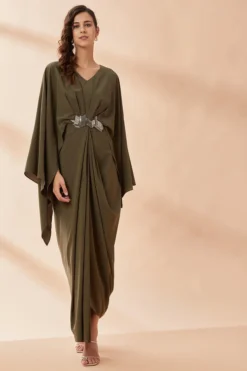 Aakaar Olive Embroidered Draped Dress
