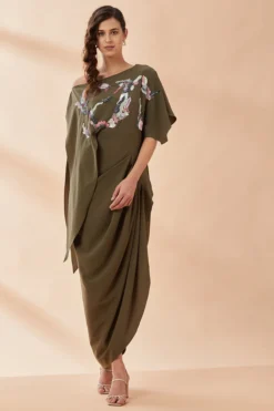 Aakaar Olive Sequins Embroidered Draped Dress