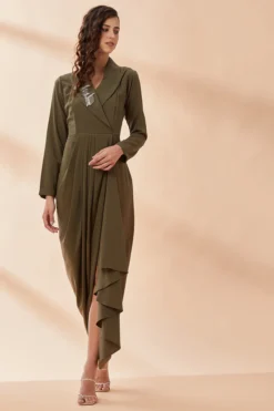 Aakaar Olive Moss Crepe Draped Dress