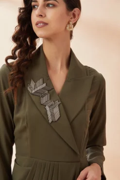 Aakaar Olive Moss Crepe Draped Dress -AOZA Wear Style Shop AKAR012262 3