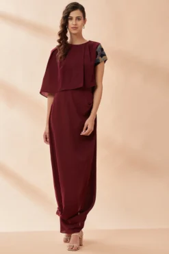 Aakaar Wine Embroidered Draped Dress