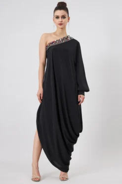 Aakaar Black Silk Crepe Draped Dress