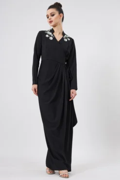 Aakaar Black Moss Crepe Embellished Wrap Dress