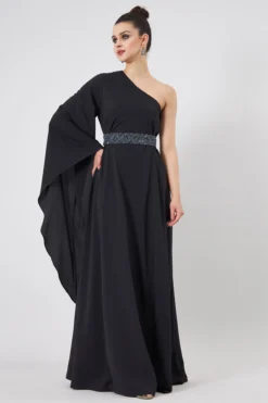 Aakaar Black Moss Crepe One-Shoulder Dress -AOZA Wear Style Shop AKAR022334 3