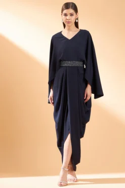 Aakaar Navy Blue Moss Crepe Dress With Belt