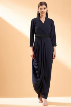 Aakaar Navy Blue Moss Crepe Maxi Dress With Belt