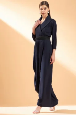 Aakaar Navy Blue Moss Crepe Maxi Dress With Belt -AOZA Wear Style Shop AKAR052236 3