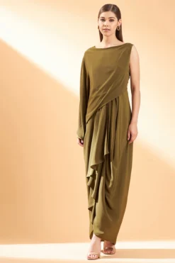 Aakaar Olive Green Silk Crepe Dress
