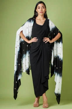 Aakaar Black Moss Crepe Embroidered Jacket Dress