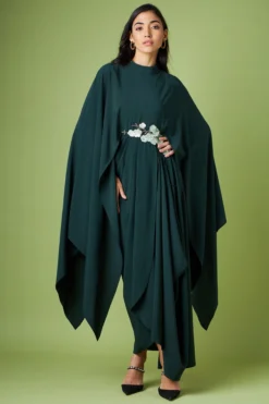 Aakaar Bottle Green Moss Crepe Draped Dress