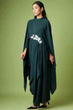Aakaar Bottle Green Moss Crepe Draped Dress -AOZA Wear Style Shop AKAR052336 3