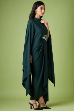 Aakaar Bottle Green Moss Crepe Draped Dress -AOZA Wear Style Shop AKAR052336 4