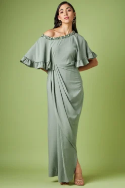 Aakaar Grey Moss Crepe Draped Dress