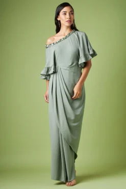 Aakaar Grey Moss Crepe Draped Dress -AOZA Wear Style Shop AKAR052339 3