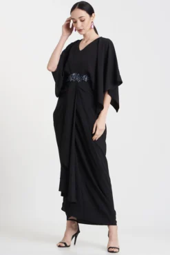 Aakaar Black Embroidered Draped Maxi Dress