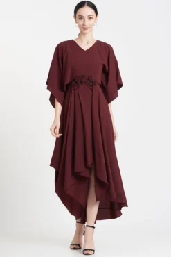 Aakaar Wine Embroidered Draped Maxi Dress