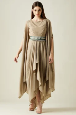 Aakaar Fawn Moss Crepe Draped Dress With Cape