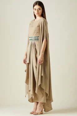 Aakaar Fawn Moss Crepe Draped Dress With Cape -AOZA Wear Style Shop AKAR102226 4