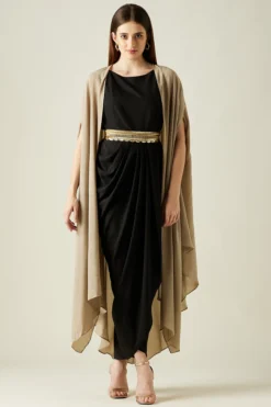 Aakaar Black Moss Crepe Dress With Cape
