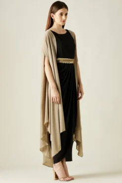 Aakaar Black Moss Crepe Dress With Cape -AOZA Wear Style Shop AKAR102228 4