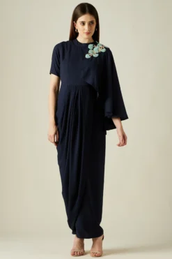 Aakaar Navy Blue Moss Crepe Draped Dress