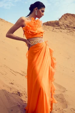 ANUSHKAA BAJAJ Orange Satin Georgette Ruffled Dress With Belt -AOZA Wear Style Shop ANBJ062327 3