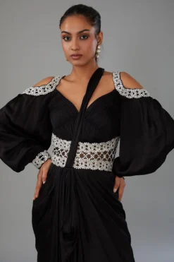 ANUSHKAA BAJAJ Black Satin Georgette Hand Embroidered Attached Saree Dress -AOZA Wear Style Shop ANBJ082316 3