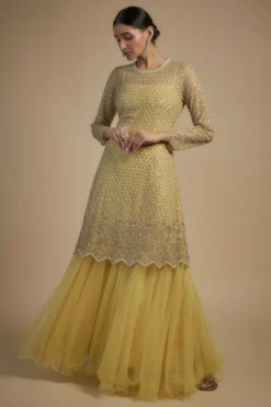 Anushree Reddy Yellow Net Pearl & Cutdana Embroidered Kurta With Dress