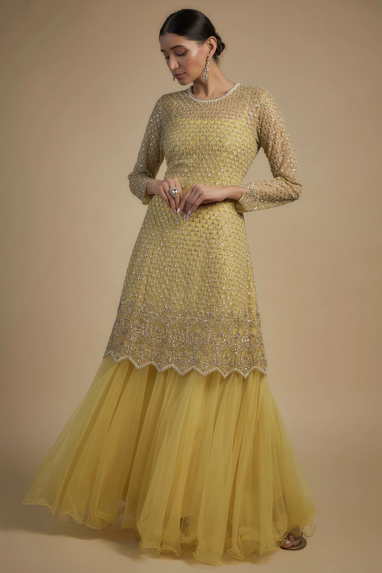 Anushree Reddy Yellow Net Pearl & Cutdana Embroidered Kurta With Dress 1 Anushree Reddy Yellow Net Pearl & Cutdana Embroidered Kurta With Dress