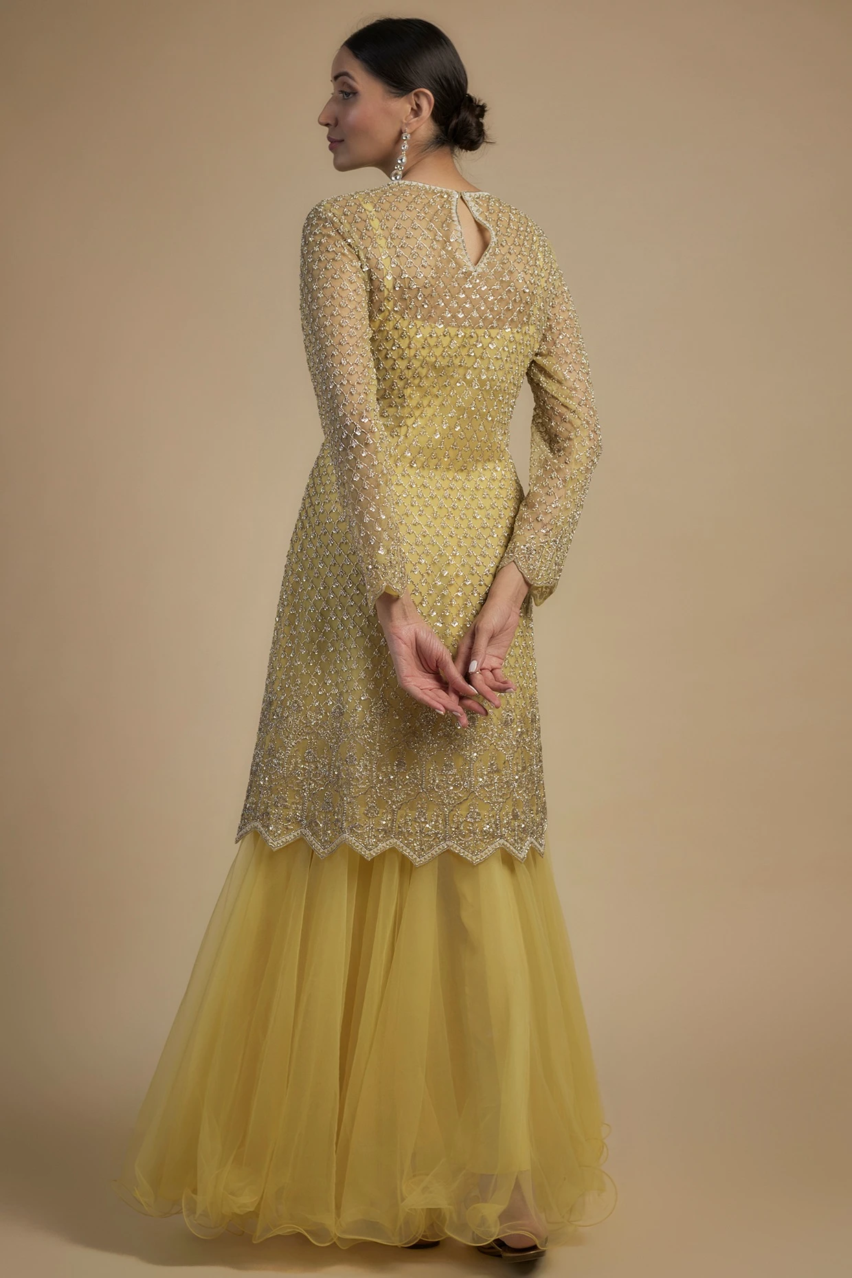 Anushree Reddy Yellow Net Pearl & Cutdana Embroidered Kurta With Dress 2 Anushree Reddy Yellow Net Pearl & Cutdana Embroidered Kurta With Dress - Image 2