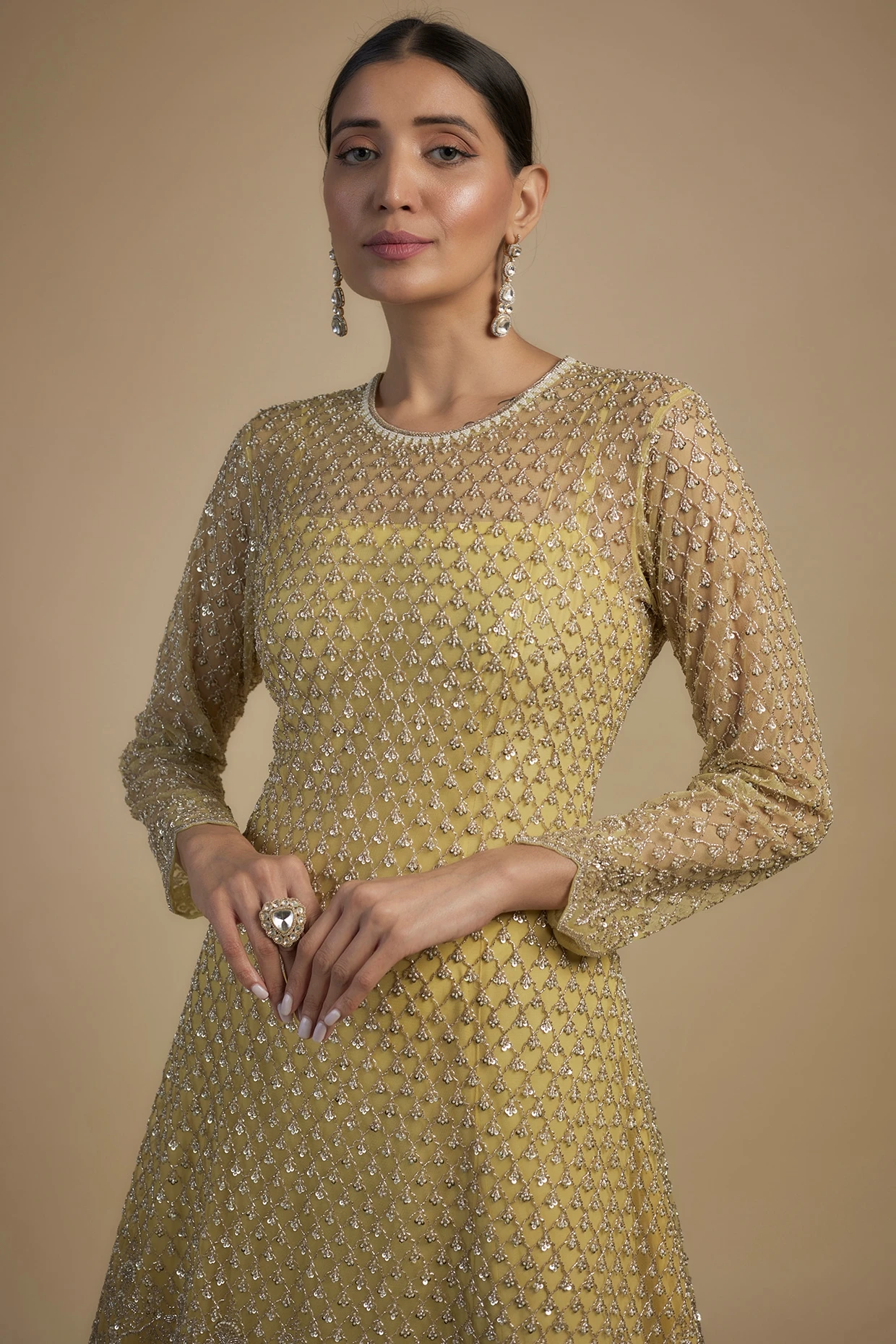 Anushree Reddy Yellow Net Pearl & Cutdana Embroidered Kurta With Dress 3 Anushree Reddy Yellow Net Pearl & Cutdana Embroidered Kurta With Dress - Image 3