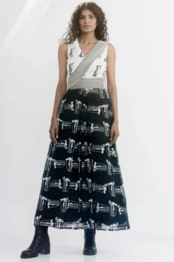 ATBW | All Things Black & White White & Black Linen Gauze Printed Pre-Stitched Saree Dress