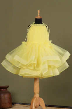 Casa Ninos Yellow Net Layered Dress For Girls