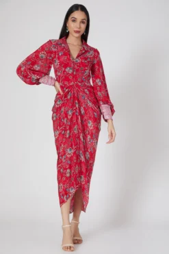 Chhavvi Aggarwal Red Embroidered & Printed Draped Dress