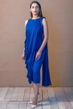 Charkhee Navy Blue Embroidered Pre-Stitched Saree Dress