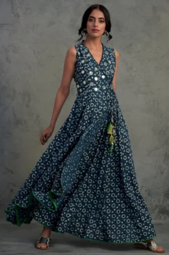 Charkhee Indigo Blue Printed & Embroidered Dress