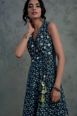 Charkhee Indigo Blue Printed & Embroidered Dress -AOZA Wear Style Shop CHRC102017 3