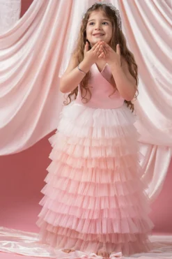 Darleen Kids Couture Pink Net Maxi Dress For Girls