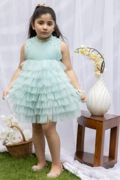 Darleen Kids Couture Ice Blue Net Mini Frilled Dress For Girls