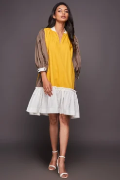 Deepika Arora White & Yellow Color Blocked Dress