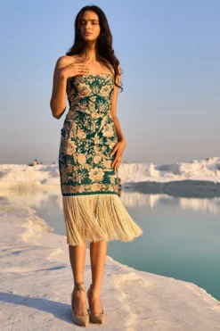 Dash And Dot Teal Tencel Embroidered Midi Dress